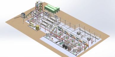 3D model of a large industrial or agricultural facility layout.