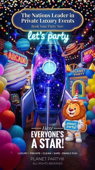 Colorful space-themed party advertisement with a rocket and lion mascot.