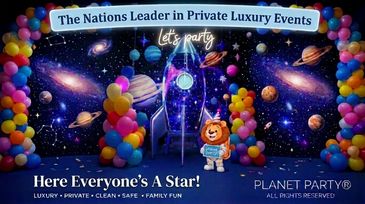 Colorful balloon arch with space-themed backdrop for luxury private events.