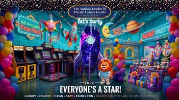 Colorful arcade party scene with games and balloons.