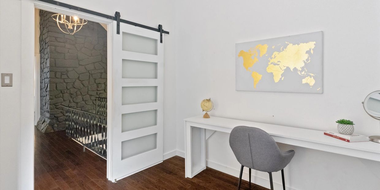Home office with a canvas word map photo and desk.