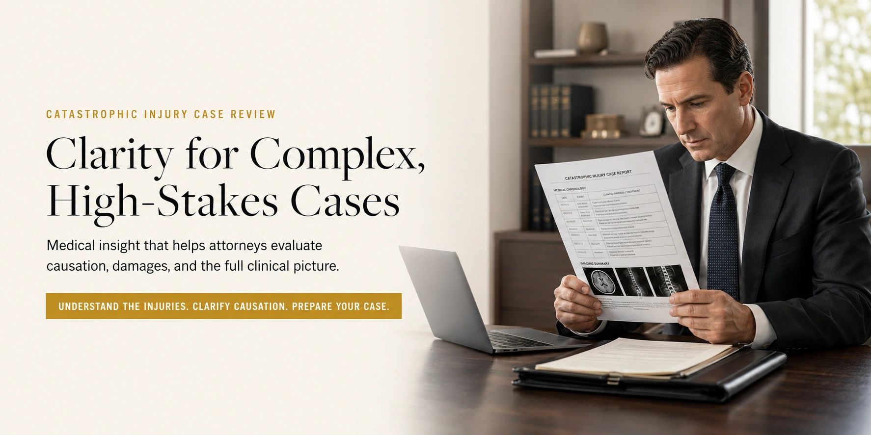 Attorney reviewing a catastrophic injury medical chronology and diagnostic imaging.