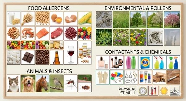Chart showing various allergens categorized into food, environmental, animals, chemicals, and physical stimuli.