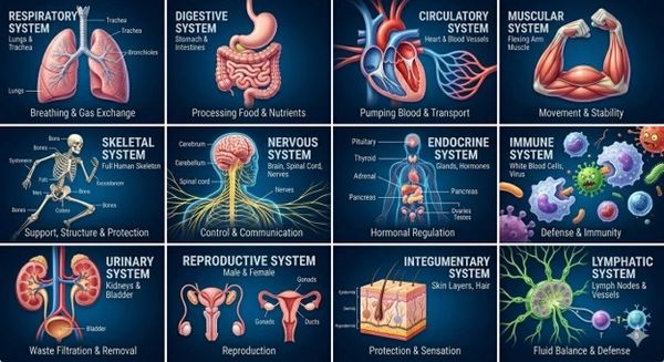 Diagram showing 12 human body systems with functions.