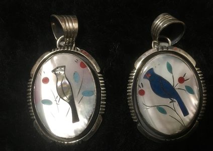 Mother of pearl pendants with inlay birds