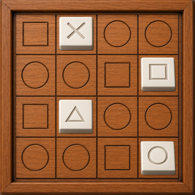 Wooden tic-tac-toe board with different shapes on tiles.