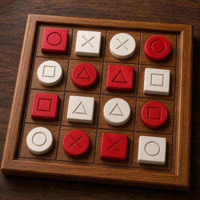 Wooden tic-tac-toe with red and white shape pieces.