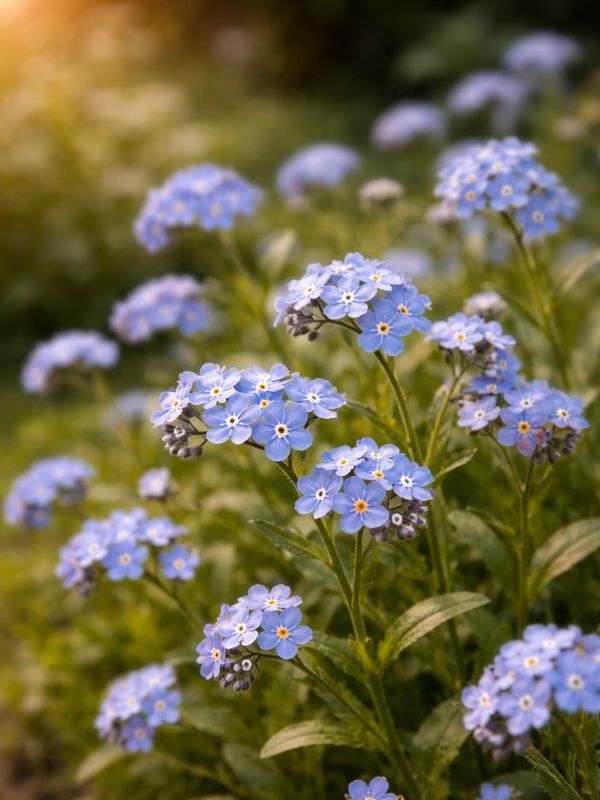 Clusters of delicate blue forget-me-not flowers in soft sunlight.