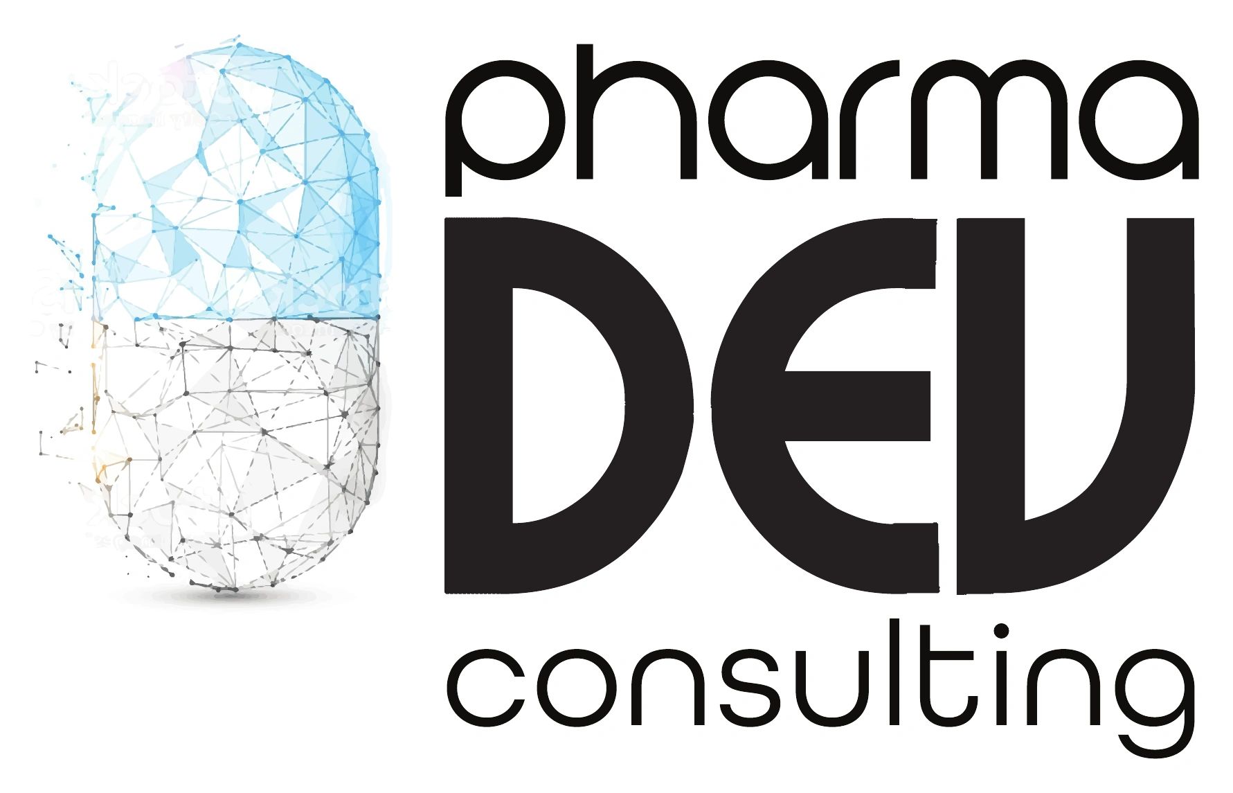 Logo with a digital capsule and text 'pharma DEW consulting'.