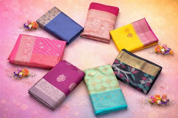 Colorful folded silk sarees arranged in a circle with floral decorations.