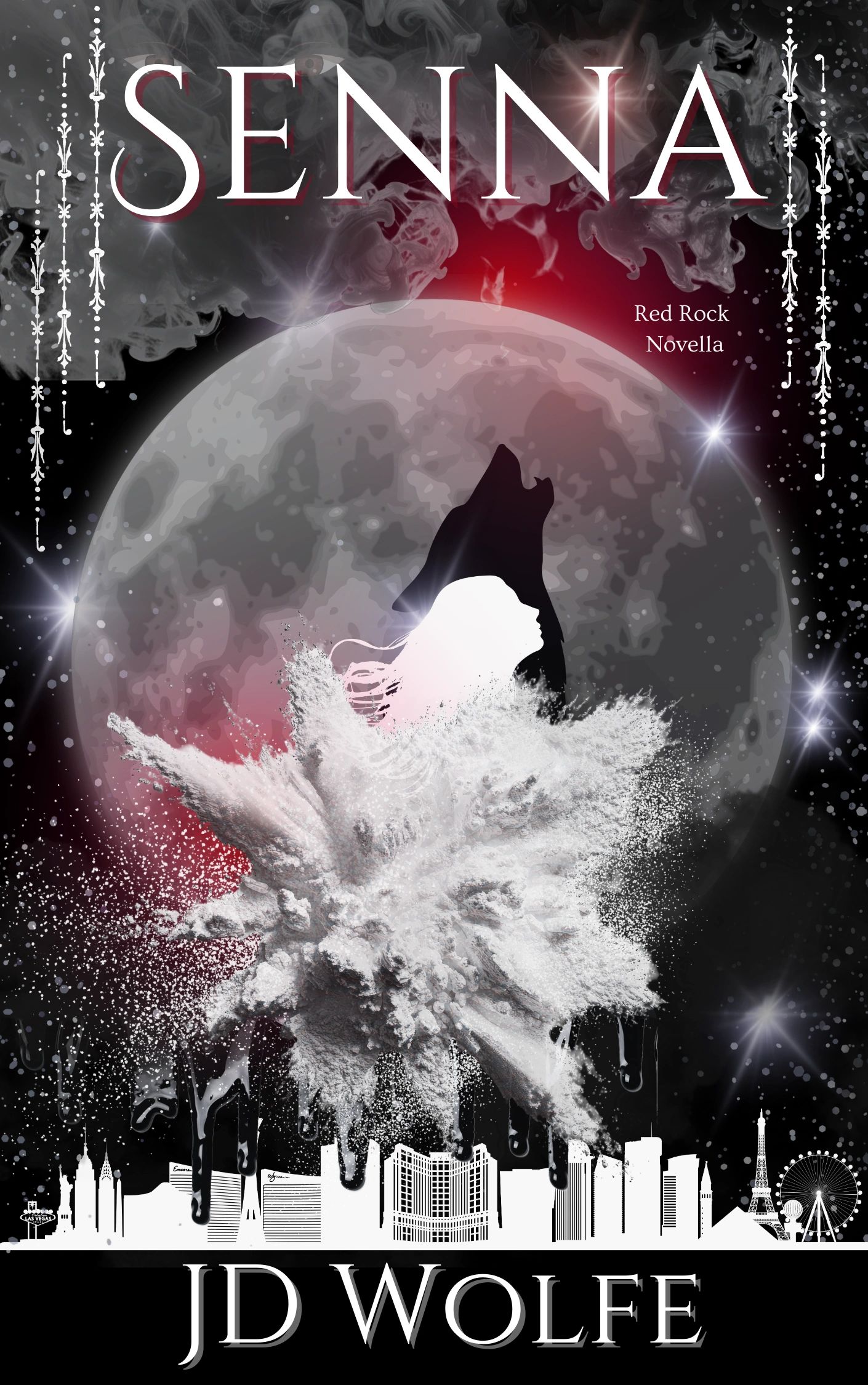 Book cover of 'Senna' featuring a wolf, moon, and city skyline with a mystical aura.