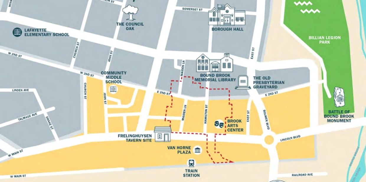 A street map of Bound Brook, with sections of town delineated.