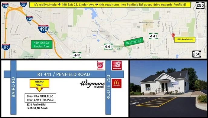 Location of Shah CPA Firm, PLLC and Shah Law Firm, PLLC. 2033 Penfield Rd, in Penfield, NY.