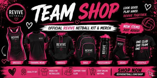 Netball team shop featuring dresses, hoodies, bags, and accessories.