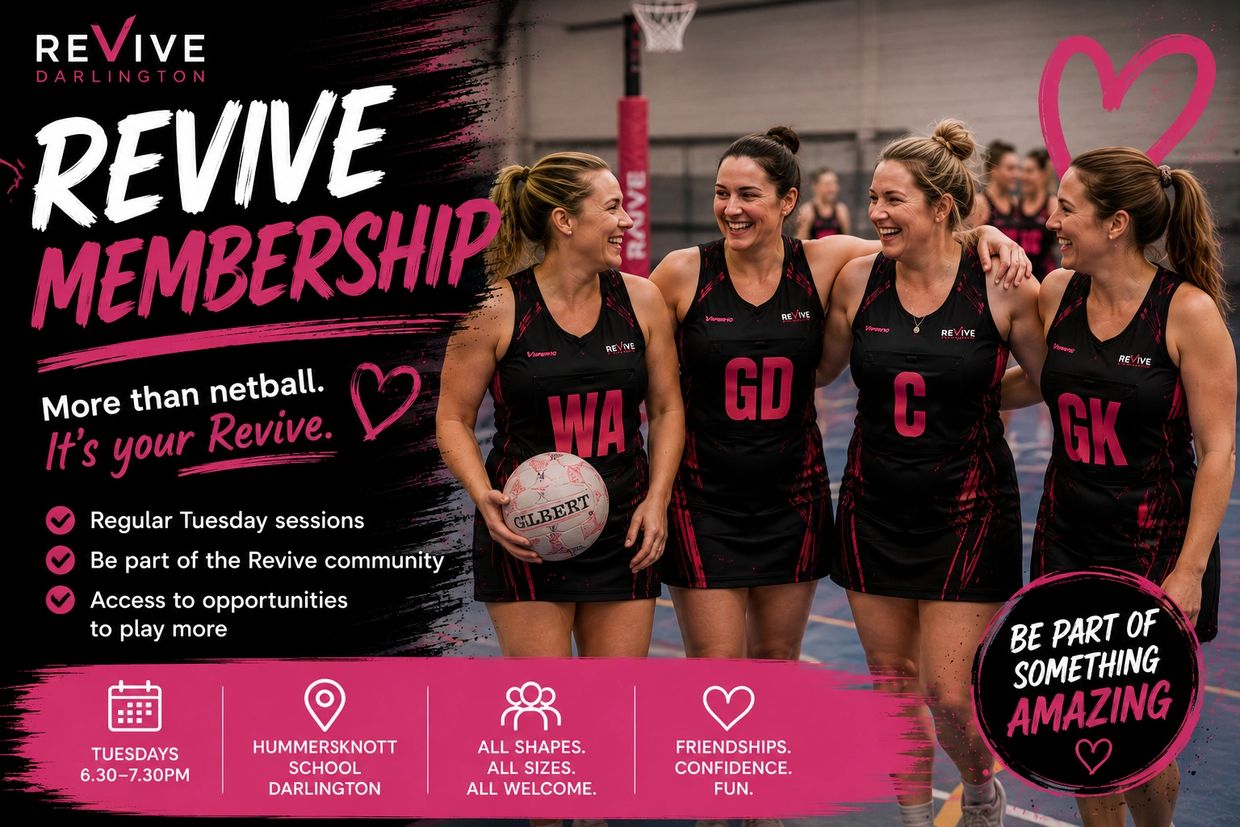Happy women in netball uniforms promoting Revive Membership.