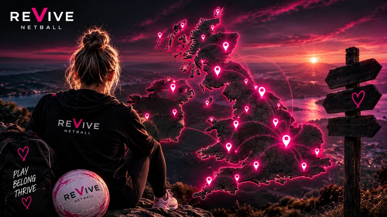 Girl overlooking UK map with pink markers and netball gear.