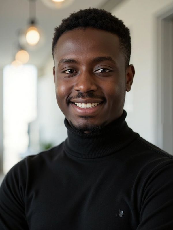 Smiling man in black turtleneck.