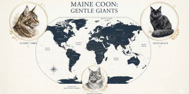 Illustration of Maine Coon cats with a world map.