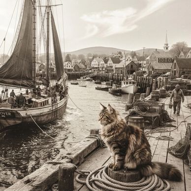 A cat sitting on a dock by a harbor with boats.