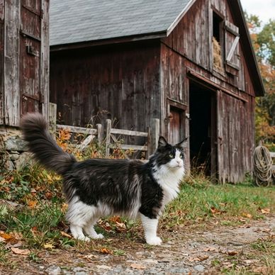 Black and white cat outside a rustic barn.