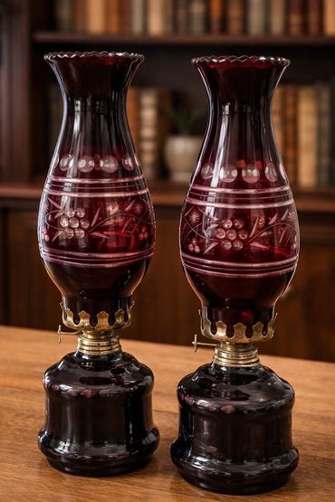 Bohemian cranberry cut to clear oil lamp pair.