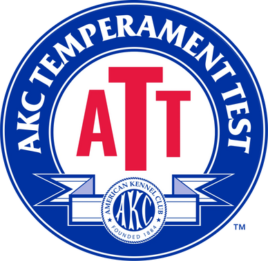 Logo for AKC Temperament Test with bold red letters and blue circular design.