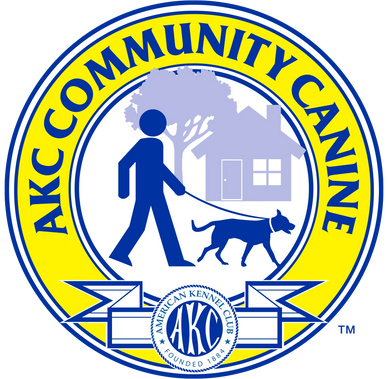 Logo of AKC Community Canine with person walking a dog in front of a house.