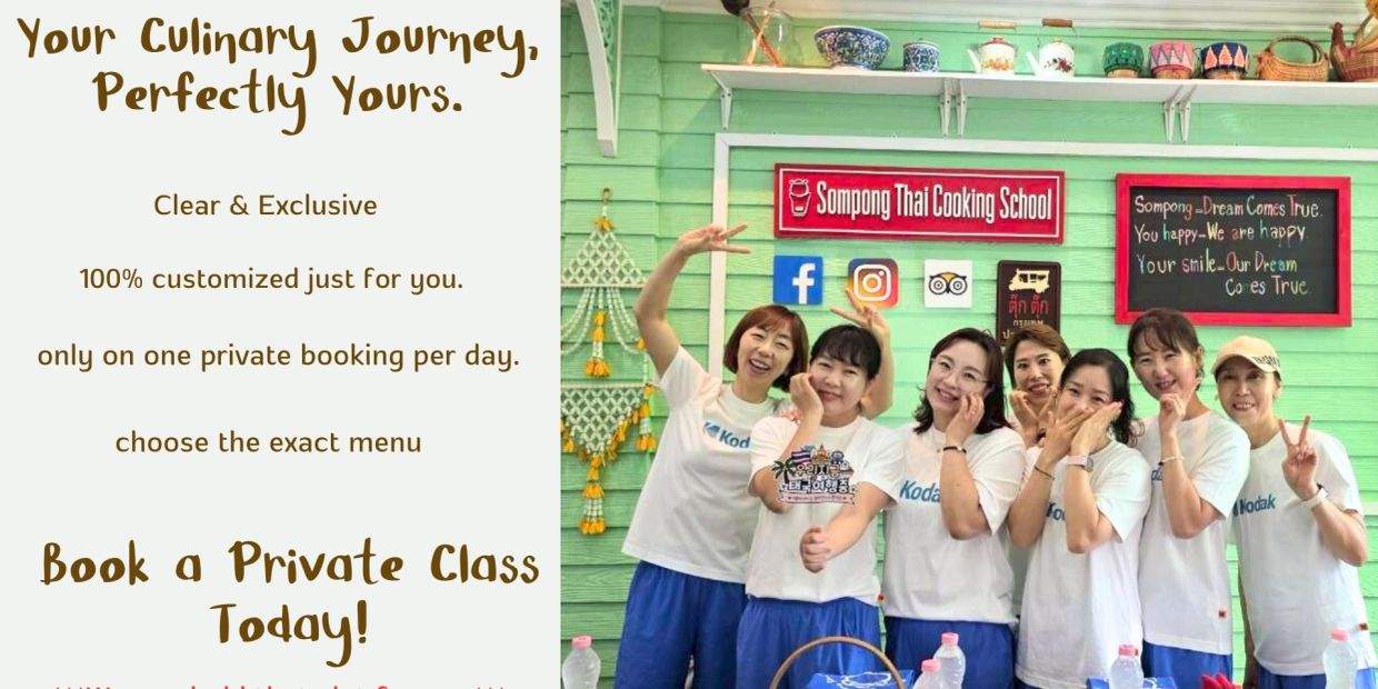 Group smiling at Sompong Thai Cooking School promoting private cooking classes.