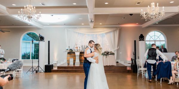 Bride and groom dancing at wedding reception.