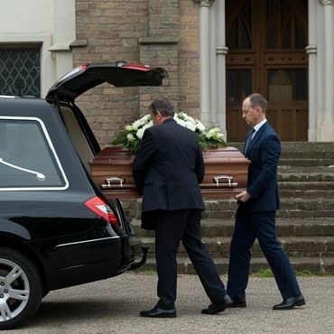 Two men in suits carry a coffin with flowers into a hearse outside a church.
