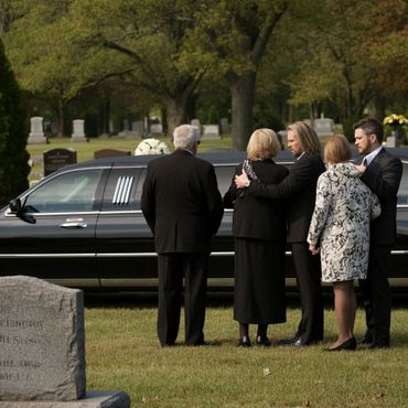 Mourners comforting each other at a cemetery near a black limousine.