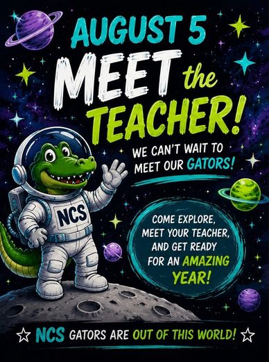 A space-themed "Meet the Teacher" poster for August 5.