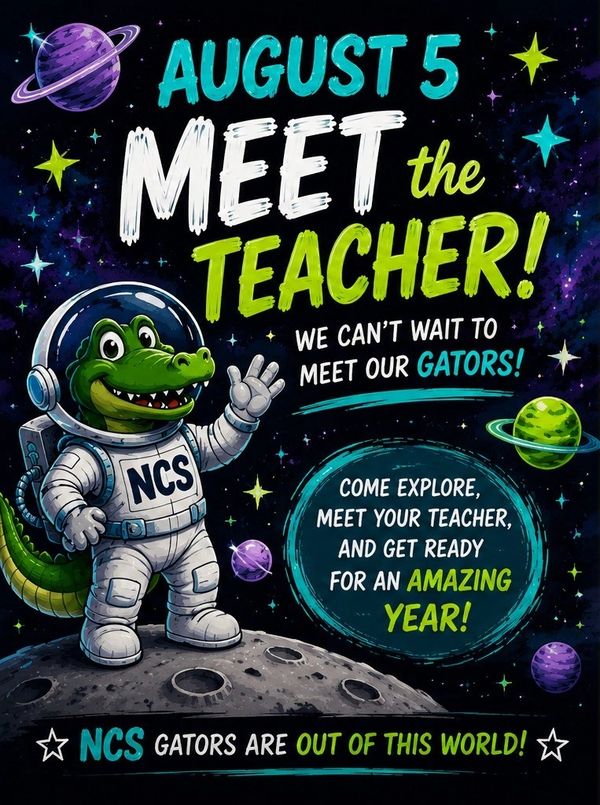 A space-themed "Meet the Teacher" poster for August 5.