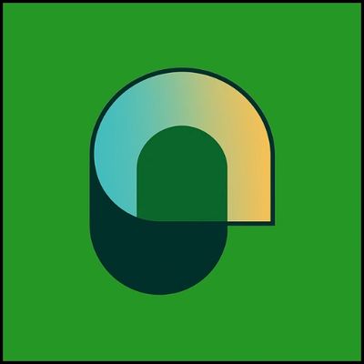 Stylized arch shape with gradient colors on a green background.