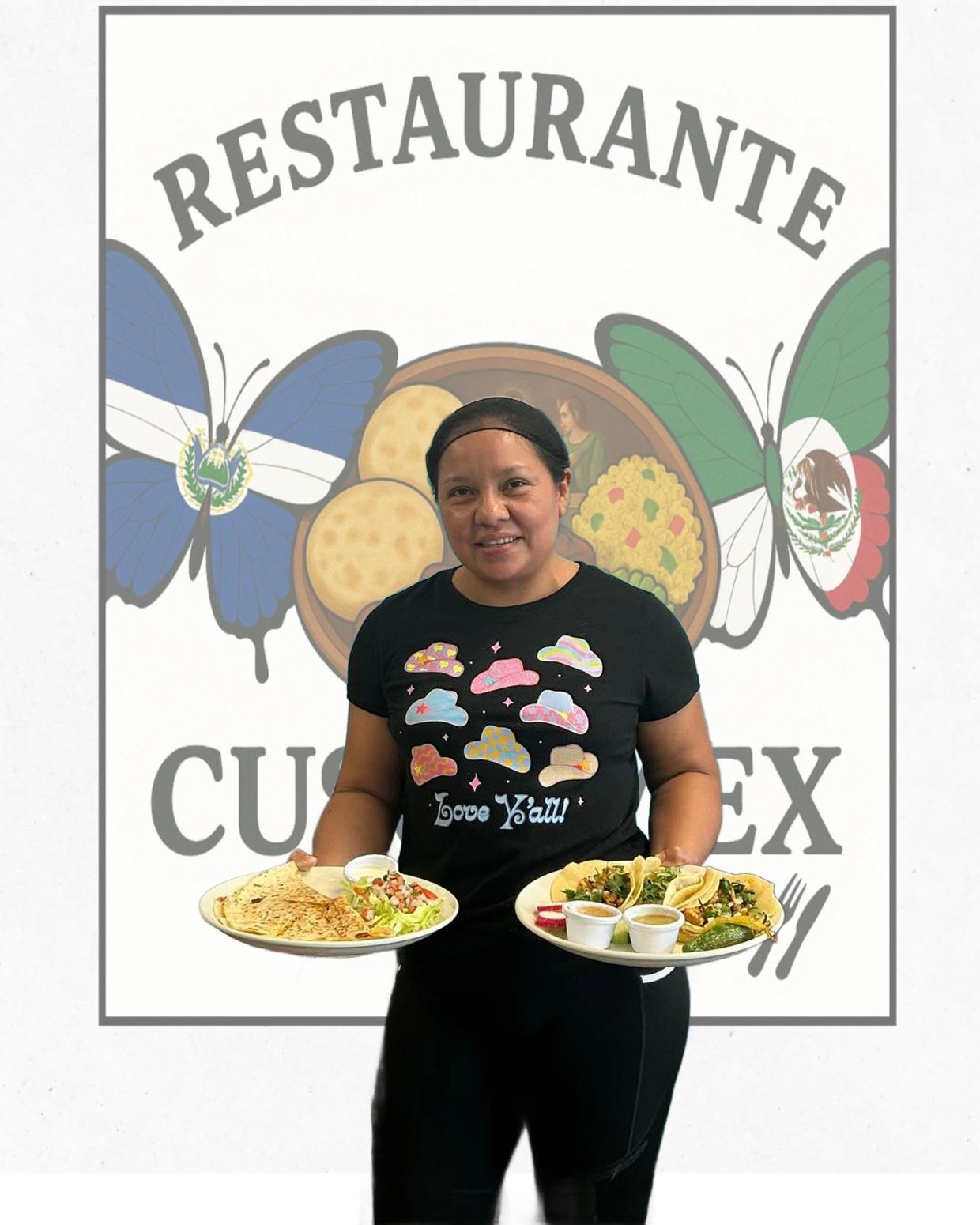 Smiling waitress serving Mexican dishes in front of restaurant logo with butterfly flags.