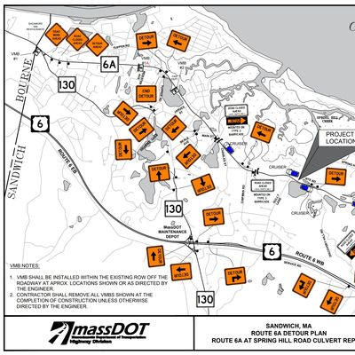 Detour map for Route 6A in Sandwich, MA.