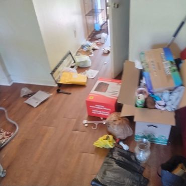 Before apartment turnover in Huntsville, AL. Trash and debris before Rocket City Cleaning Care LLC s