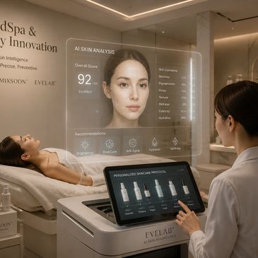 Futuristic AI skin analysis in a luxury spa setting.