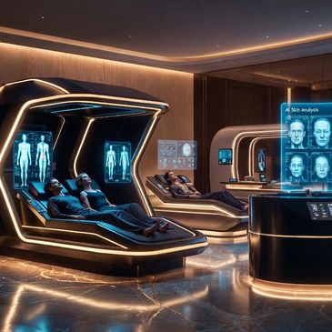 Futuristic health pods with holographic body and skin analysis displays.