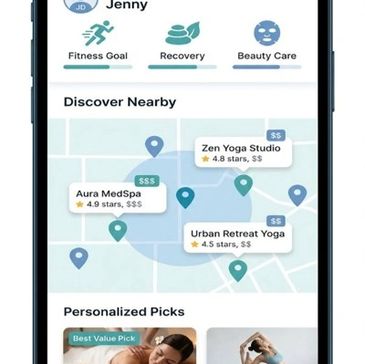 Mobile app shows nearby wellness spots with ratings and prices.