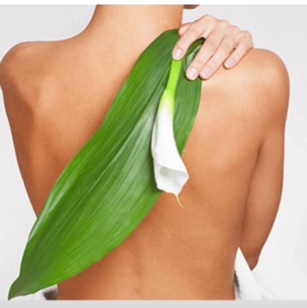 A person holding a large green leaf with a white flower on their back.