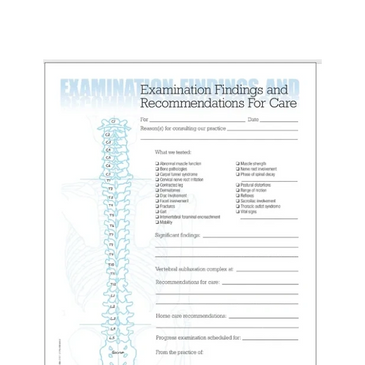 Medical form titled Examination Findings and Recommendations For Care with a spine illustration and checkboxes.
