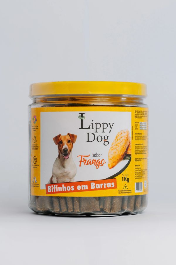 Jar of Lippy Dog chicken-flavored dog treats with a yellow lid.