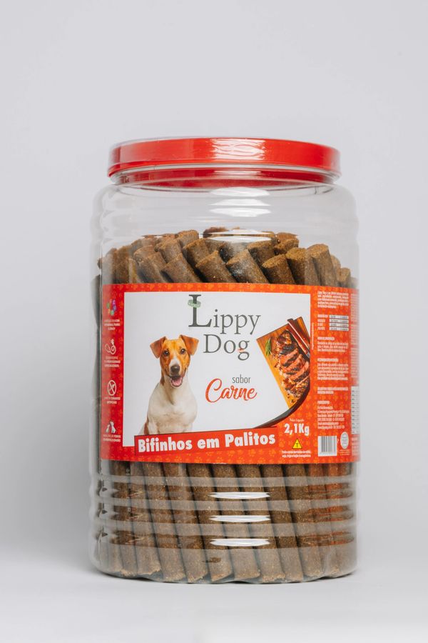 Large jar of Lippy Dog meat-flavored dog treats with a red lid.