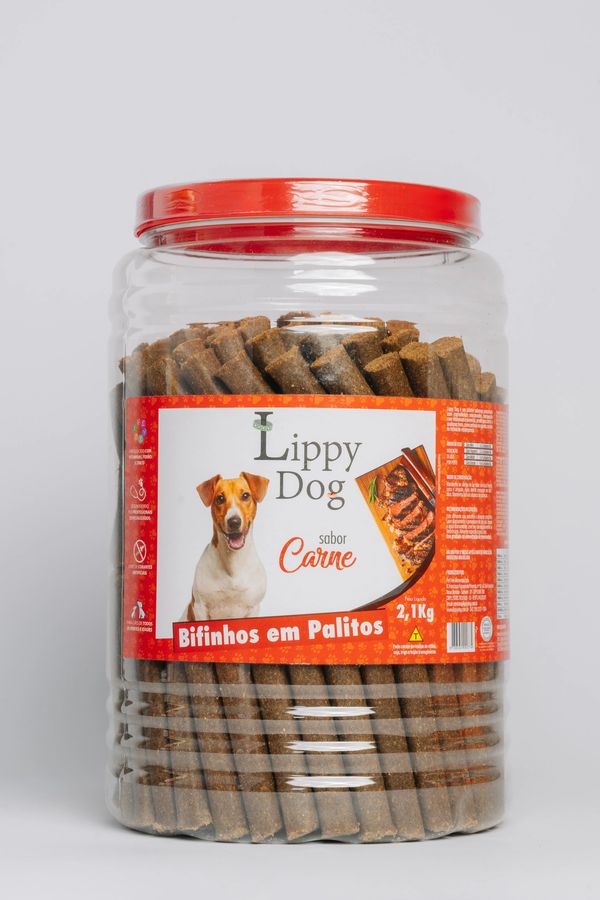 Large jar of Lippy Dog beef-flavored dog treats with a red lid.