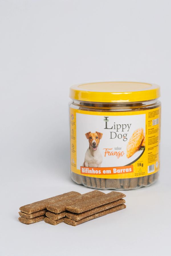 Jar of Lippy Dog chicken-flavored dog treats with some treats stacked in front.