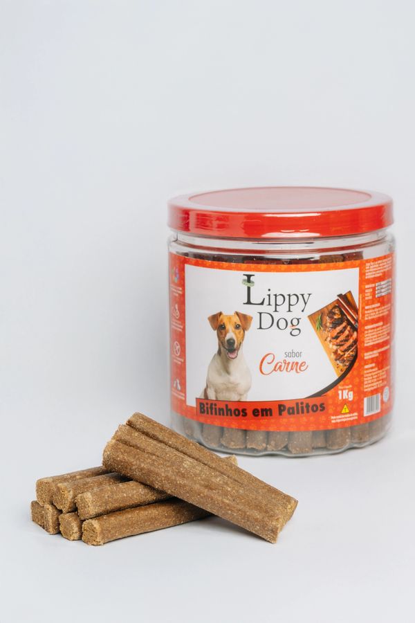 Dog treats labeled 'Lippy Dog' with a meat flavor in a jar and sticks.