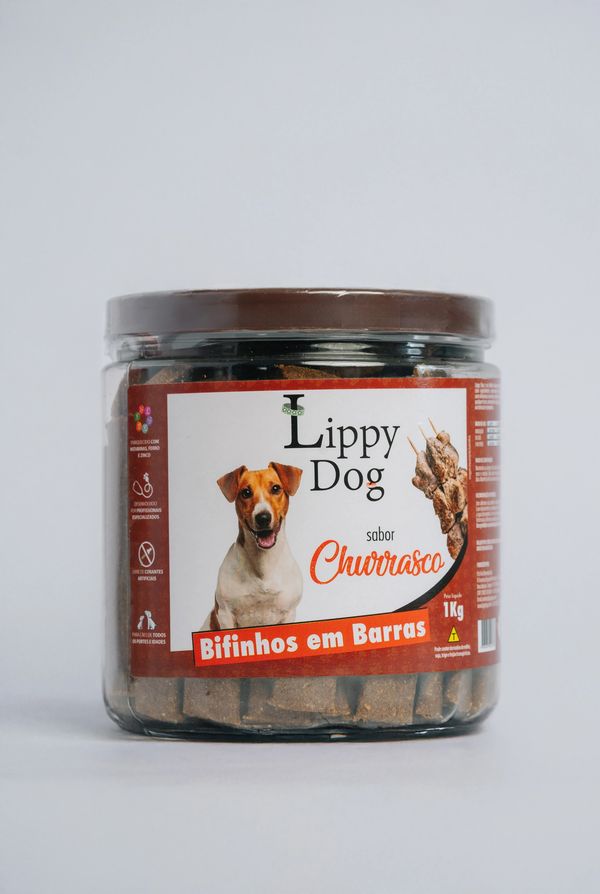 Jar of Lippy Dog barbecue-flavored dog treats with a dog image on the label.