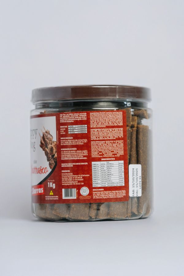 Jar of dog treats with detailed nutritional information and expiration date.