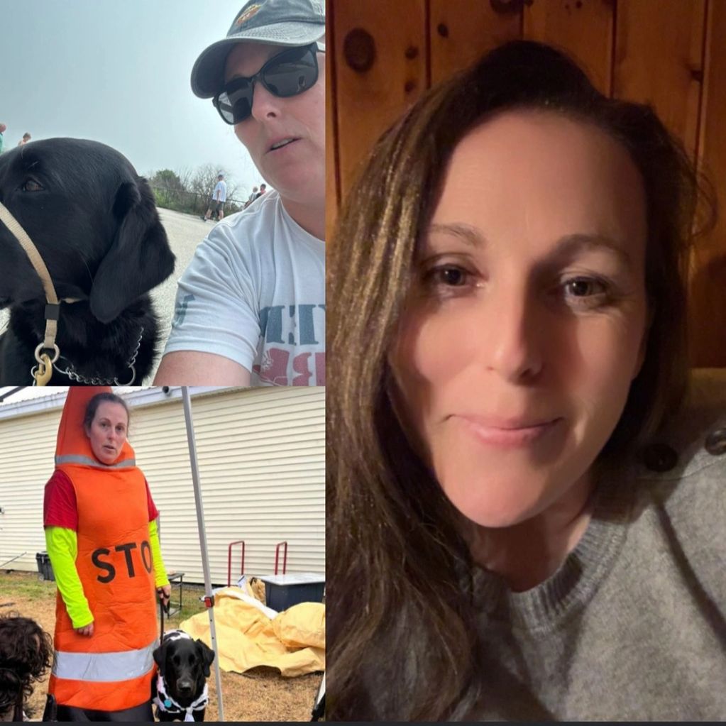 Collage of a woman with her black dog and her in an orange costume.